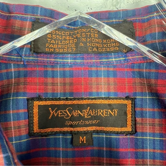 YVES SAINT LAURENT Vintage Men's Medium Plaid Button Down Cotton Blend Shirt - Picture 3 of 7